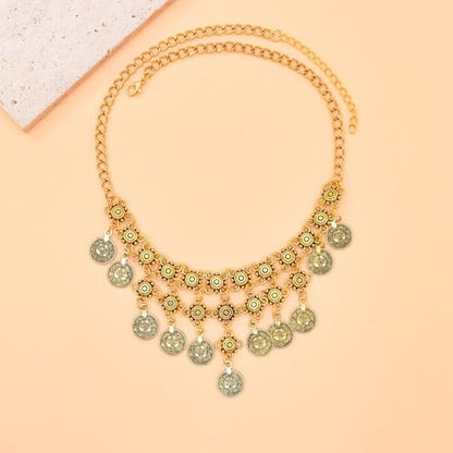Boho Coin Charm Necklace for Women Layered Pirate Necklace Gold Coin Beaded Pendant Necklace Chunky Coins Tassel Ethnic Gypsy Costume Accessories Jewelry Gifts - style: B