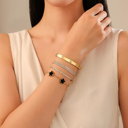 18 K Gold Plated Love Bangle Bracelet Stack for Women,Set of 4 Floral Clover Chain, Tennis Crystal &Gold Stackable Bangle Bracelet -Adjustable Layered Jewelry Gift for Wife Valentines Mother's Day-MVCOLEDY - color: Black and White CZ