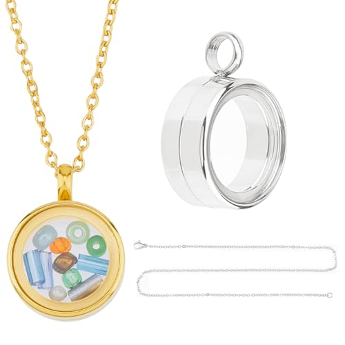 DICOSMETIC 2Pcs 2 Colors Round Locket Pendant Stainless Steel Memory Locket Charms 10/15/20mm Clear Picture Frame Charm Golden Silver Floating Charm Glass Living Bouquet Charms for Women Men Necklace - size: 19x14x6mm