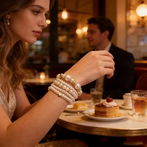 White Pearls Layered Stretch Bracelets Set For Women Simulated Pearl Stackable Stretch Multi layered Elastic Bracelets Jewelry