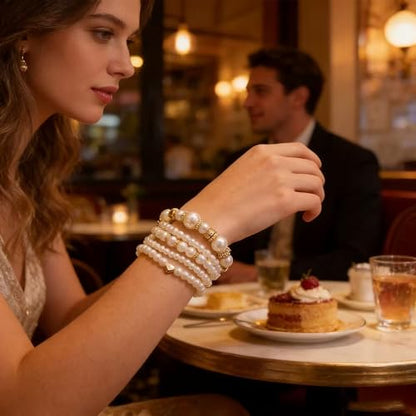 White Pearls Layered Stretch Bracelets Set For Women Simulated Pearl Stackable Stretch Multi layered Elastic Bracelets Jewelry