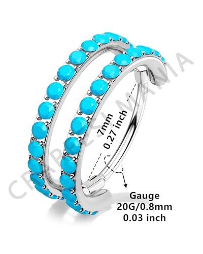 Nose Ring Hoop, 316L Stainless Steel Double Nose Rings, 20G Nose Piercing Jewelry for Women, Clear CZ Helix Cartilage Septum Nose Hoops - color: Turquoise-Silver-7mm