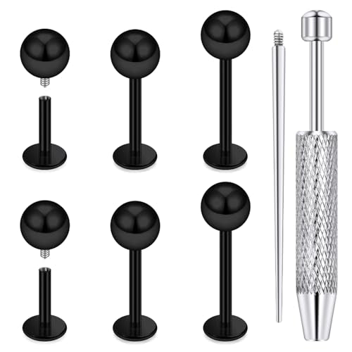 Internally Threaded Labret Studs 18G 16G 14G Surgical Steel Lip Piercing Jewelry with Claw Tool Monroe Snake Bite Jewelry Flat Back Barbell for Women Men Plus Piercing Ball Grabber Tool - color: black, size: 14g,ball end