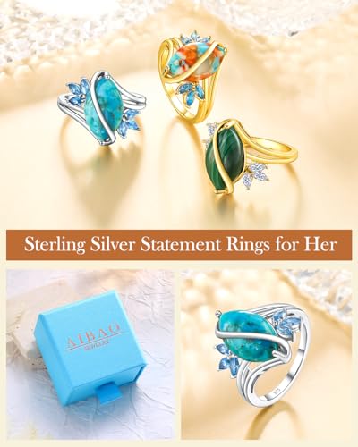 AIBAO Marquise Turquoise/Malachite Engagement Wedding Rings for Women | Sterling Silver Turquoise/ Malachite Statement Rings for Women Size 6 to 10 Western Jewelry - style: Blue Turquoise