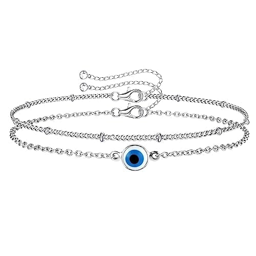 MILACOLATO 925 Sterling Silver Clasp Paperclip Chain Bracelets for Women | 14K White Gold Plated Adjustable Bracelets, Dainty Stackable Layered Satellite Beads Evil Eye Infinity Bracelets Jewelry Gift - color: EVIL EYE Chain + Satellite Chain