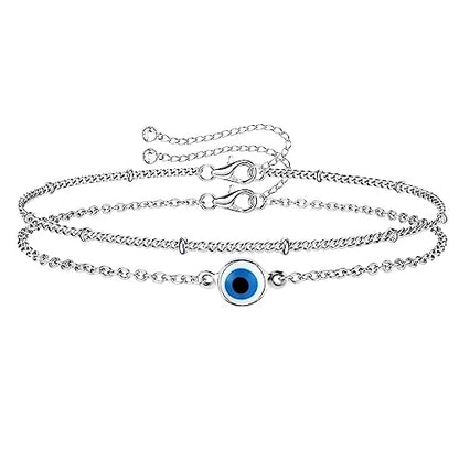 MILACOLATO 925 Sterling Silver Clasp Paperclip Chain Bracelets for Women | 14K White Gold Plated Adjustable Bracelets, Dainty Stackable Layered Satellite Beads Evil Eye Infinity Bracelets Jewelry Gift - color: EVIL EYE Chain + Satellite Chain