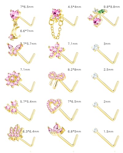 BSJ4U Nose Rings L Shaped for Women Nose Piercings 20G Surgical Stainless Steel Nose Studs CZ Heart Butterfly Flower Cherry Bow Moon Dangle Nose Piercing Jewelry - color: Gold Pink Nose Rings