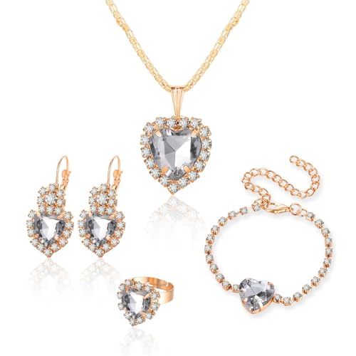 MALOYANVE 4PCS Crystal Heart Jewelry Set Glitter Gold Cubic Zirconia Love Heart Pendant Necklace Lightweight Hoop Earrings Bangle Bracelet Adjustable Open Ring Prom Wedding Jewelry for Women - color: White