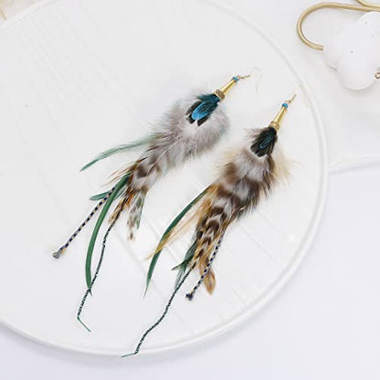 Bohemian Pheasant Peacock Long Feathers Statement Earrings Handmade Natural Lightweight Feather Dangle Earrings for Women (ea000071) - color: Brown&Blue