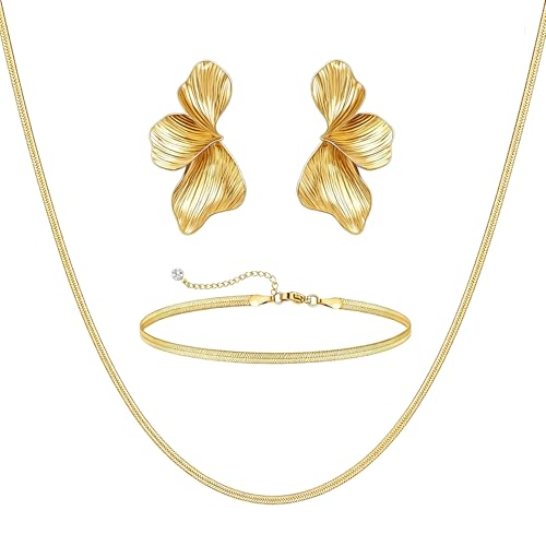 OGD Chunky Gold Statement Earrings For Women Trendy Gold Plated Sectored Flower Leaf Angel Wing Earrings Large Stud Jewlery Hypoallergenic - color: Flower+Snake 3 Set-Gold