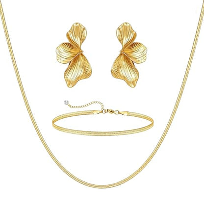 OGD Chunky Gold Statement Earrings For Women Trendy Gold Plated Sectored Flower Leaf Angel Wing Earrings Large Stud Jewlery Hypoallergenic - color: Flower+Snake 3 Set-Gold
