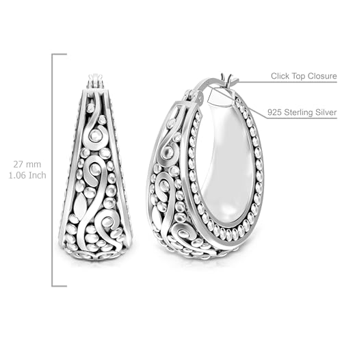 LeCalla 925 Sterling Silver Bali-Style Hoop Earrings Lightweight Click-Top Antique Two-Tone Beaded Italian Bali Style Earring Hoops for Women - style: Antique Caviar Beaded Style