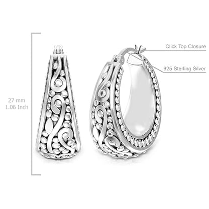 LeCalla 925 Sterling Silver Bali-Style Hoop Earrings Lightweight Click-Top Antique Two-Tone Beaded Italian Bali Style Earring Hoops for Women - style: Antique Caviar Beaded Style
