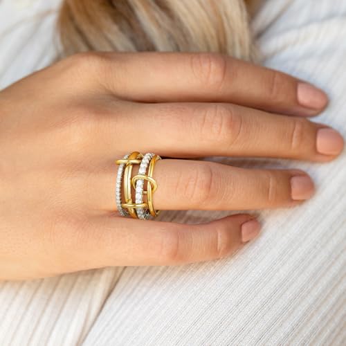 Gold Stackable Rings for Women Non Tarnish, 18k Gold Plated Cubic Zirconia Rings, Exquisite Silver Gold Multi Ring Mixed Metals Stack Jewelry Set Size 6-10 - color: 4PCS, size: 7