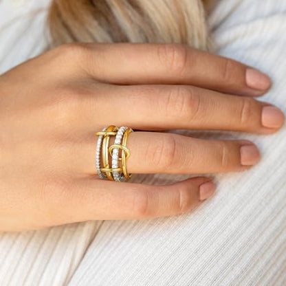 Gold Stackable Rings for Women Non Tarnish, 18k Gold Plated Cubic Zirconia Rings, Exquisite Silver Gold Multi Ring Mixed Metals Stack Jewelry Set Size 6-10 - color: 4PCS, size: 7
