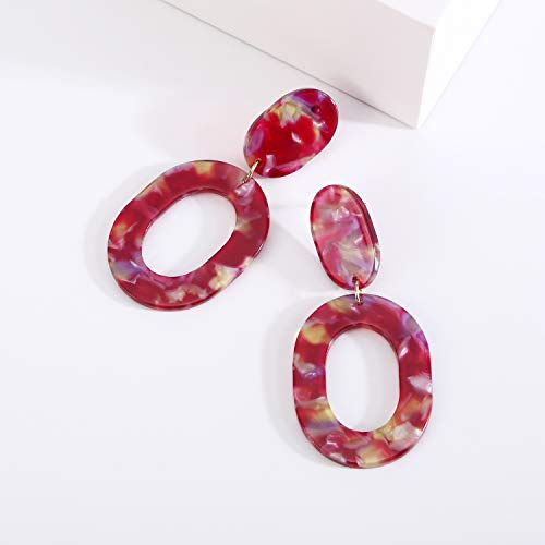Oval Drop Dangle Earrings for Women, Statement Geometric Ellipse Dangling Earrings - color: Hot Pink
