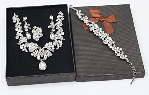 Jewelry Set for Women, Statement Necklace Dangle Earrings Bracelet Ring, White/KC Gold Plated Jewelry Set with Rhinestone Pearl Crystal Wedding Party Jewelry for Bridal Bridesmaid - color: Set001-Style2-White-Platinum Plated