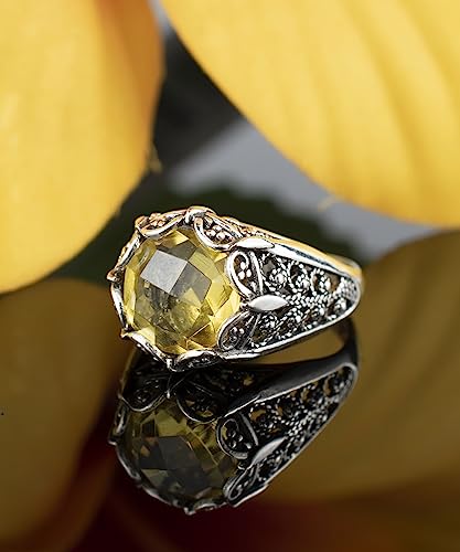 Filigranist 925 Sterling Silver Filigree Art Women Mini Dome Cocktail Ring with Gemstone, Gift Boxed - color: Citrine