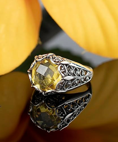 Filigranist 925 Sterling Silver Filigree Art Women Mini Dome Cocktail Ring with Gemstone, Gift Boxed - color: Citrine