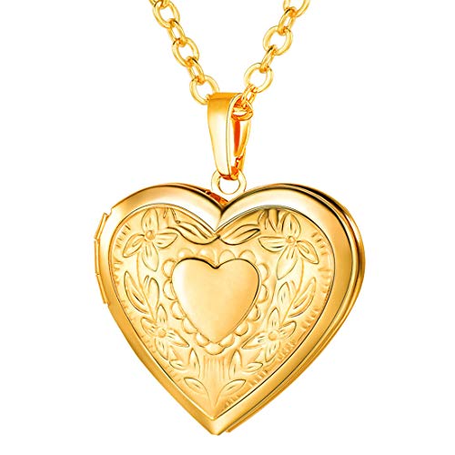 U7 Women Locket Necklace, Heart Photo Lockets Hold Picture, Gift Box Packed | Gold/Silver/Rose Locket Charm, Custom Picture and Engravement Heart Pendant, 20" Chain, Personalized Gift for Mom Wife Friend - color: gold