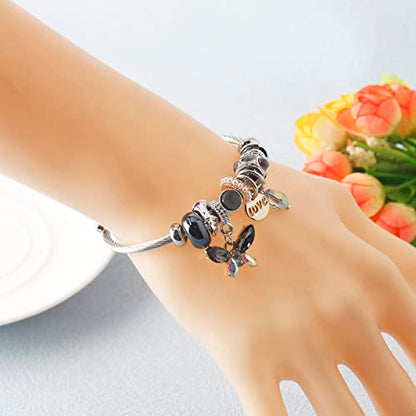 DS Charm Bracelets for girls,exquisite cute cartoon friendship bracelets Silver Stainless Steel Bangle with birthday Gift box, Adjustable girls jewelry Suitable for holiday gifts - style: Silver-gray butterfly