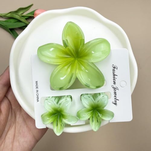 Flower Hair Claw Clip Set,1 Pc Large and 2 Pcs Small Hawaiian Plumeria Claw Clips,Beach Tropical Hair Accessories for Women (Green) - color: Green