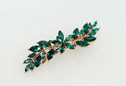 Faship Gorgeous Green Rhinestone Crystal Small Floral Hair Barrette Clip - color: Green / Rose gold plated