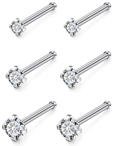 18G 20G 22G Stainless Surgical Steel Titanium Nose Rings Studs for Women L Shaped Nose Rings Screw Nose Studs Nostrial Piercing Jewelry for Women Men Silver Gold Black - style: 20G/Clear CZ/Straight/Silver