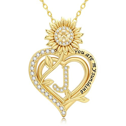 14K Gold Sunflower Initial Necklaces for Women | Heart Letter Pendant You Are My Sunshine Jewelry Gifts - style: J