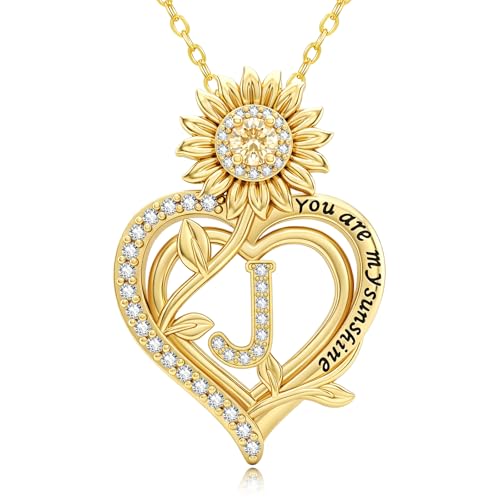 14K Gold Sunflower Initial Necklaces for Women | Heart Letter Pendant You Are My Sunshine Jewelry Gifts - style: J