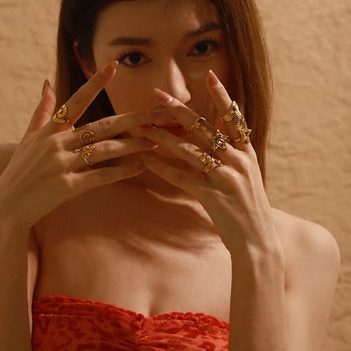 Minimalist Textured Twist Chunky Statement Ring,Gold Plated Stainless Steel Open Ribbed Band Stackable Chic Style Ring for Women - style: Style A