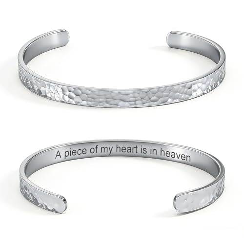 Inspirational Bible Verse Cuff Bracelet for Women, 18K Gold Plated Hammered Bangle, Christian Faith Jewelry Gift, Adjustable Non Tarnish - color: A piece of my heart is in heaven-Hammered Silver