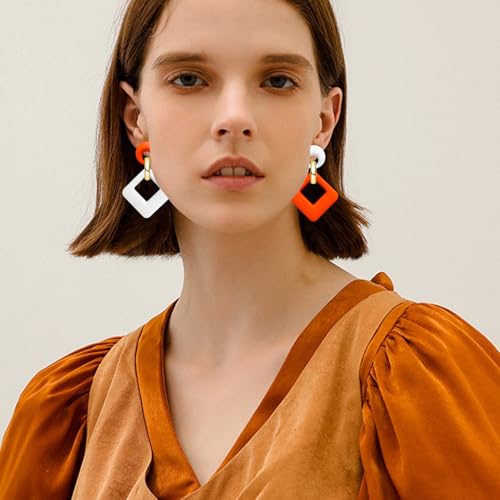 70s 80s Vintage Resin Neon Square Dangle Drop Earrings Simplicity Acrylic Hollow Round Circle Geometry Stud Earrings for Women - style: Orange White