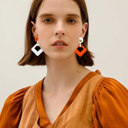 70s 80s Vintage Resin Neon Square Dangle Drop Earrings Simplicity Acrylic Hollow Round Circle Geometry Stud Earrings for Women - style: Orange White