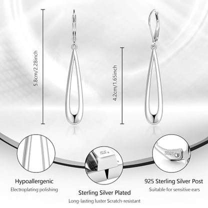 BoutiqueLovin Long Teardrop Dangle Earrings for Women | 14k Gold Plated Dangling Drop Earrings Silver HypoallergenicHollow Dangly Leverback Earings Lightweight Trendy Jewelry Gifts - color: Silver