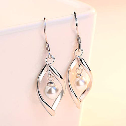 Linear Swirl Wire Earrings For Women dangling Boho Dangle Drop - color: Silver-pearl