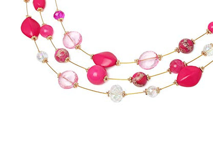 Coiris 3 Layers Illusion Wire Beaded Statement 19.5" Necklace for Women - color: N0005-Fuchsia Bud