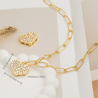 18k Gold Plated Chain Link Necklace for Women, Baroque Pearl/Compass Pendant Necklace - color: Pave Heart