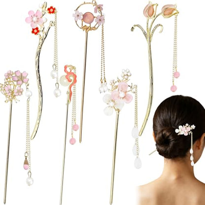 6Pcs Chinese Hair Sticks Set Pink Chinese Hair Sticks with Pearl, Butterfly & Flower Design, Japanese Hair Pin, Traditional Asian Hairpins for Bun Updo - color: 6pcs Pink