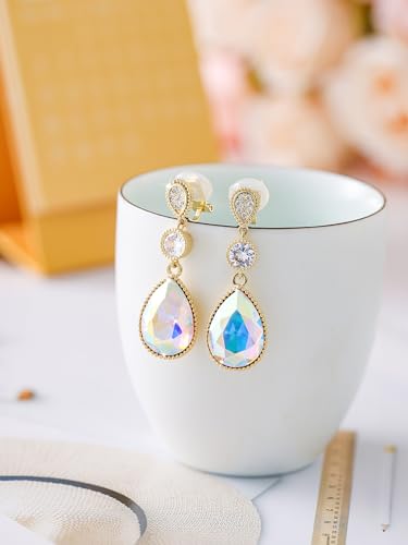 Clip On 18 * 13MM Big Crystal Dangle Non Pierced Earrings for Women 14K Gold Plated Jewelry - color: Jan-Garnet-Rose Gold Plated