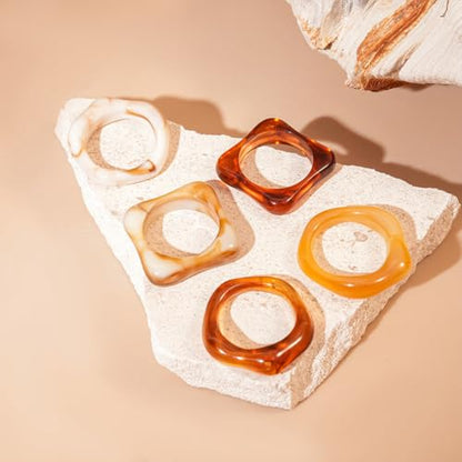 5Pcs Stacking Retro Brown and White Square Resin Knuckle Ring, Simple Chunky Black Acrylic Rings for Women Bohemia Dainty Party Prom Charm Jewelry Gift - color: Brown