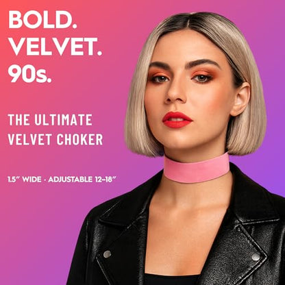 Velvet Choker for Women, Wide 1.5" 90s Ribbon Adjustable 12–18" with Stainless Steel Clasp, Soft Skin-Friendly Velvet — Black - color: Pink