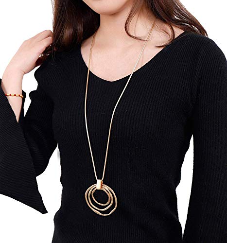 NVENF Long Sweater Chain Double Circle Pendant Necklace Bold Snake Chain Women Statement Necklace - color: E Gold triple