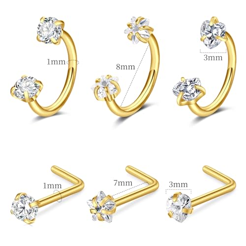 18G 20G Horseshoe Nose Rings Studs with Taper and Grabber | Surgical Steel Nose Ring Pink Cubic Zirconia Nose Piercing,Internally Threaded Nose Rings For Women,Colorful Zirconia - color: Gold-6Pcs