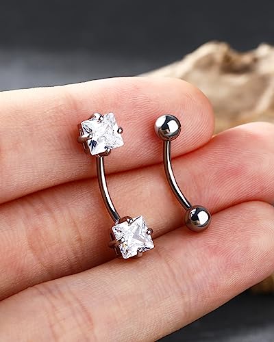 2pcs 16g Small Size Belly Button Rings Pack Surgical Steel Square AAA CZ Curved Barbell Navel Rings New - color: steel