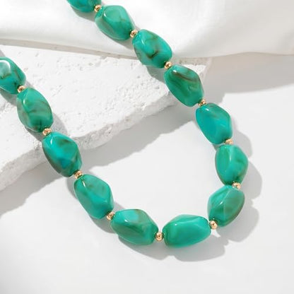 Boho Chunky Beaded Necklace for Women Lightweight Resin Beads for Summer Beach & Vacation Trendy Statement Jewelry Gift for Her - color: Blue green