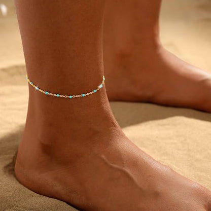 Ankle Bracelets for Women 14K Gold/Silver Plated Cross Heart Bead Anklet Waterproof Adjustable Chain Non Tarnish Cute Boho Trendy Dainty Summer Beach Foot Jewelry Gift for Her - style: Blue Beads-GD