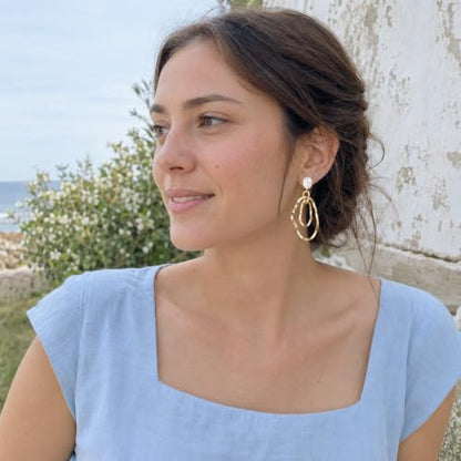 Gold Irregular Oval Drop Earrings for Women with Faux Pearl Studs, Lightweight Geometric Statement Dangle Earrings for Daily Wear Party Wedding Gift