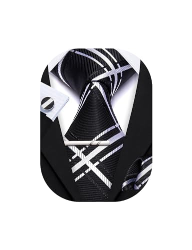 YOHOWA Men Plaid/Striped Ties Clip Set Silk Necktie Pocket Square Cufflinks | Woven Classic,Formal/Casual Mens Tie,Pocket Square Cufflinks Set,Luxury,Business,Wedding,Party,Prom,Graduation - color: Black White