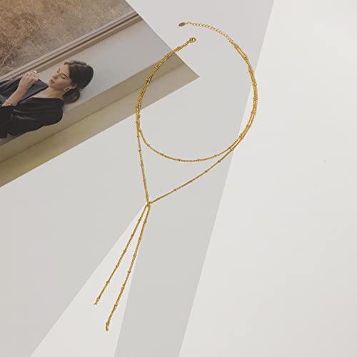 Dainty Gold Necklace for Women, Cute Long Necklace 14K Gold Plated CZ Lips Bead Y Shaped Lariat Necklace Simple Gold Choker Necklace Aesthetic Drop Necklace Trendy Gold Jewelry for Women - color: Gold-Satellite Y Necklace